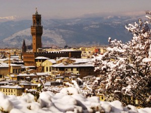 Una Firenze innevata vista dietro un bianco cespuglio